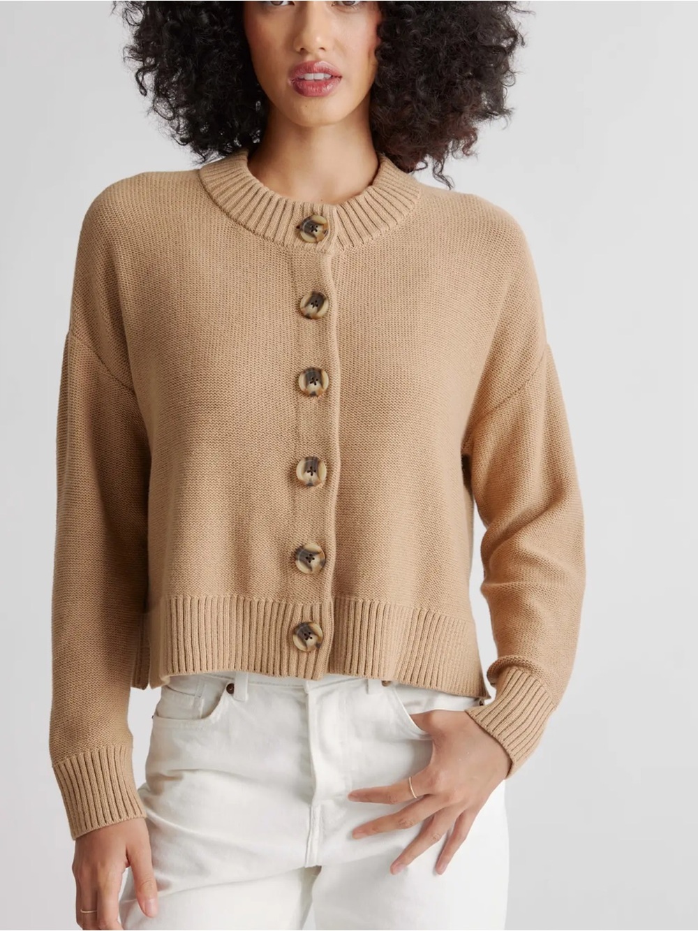 Quince Organic Cotton Cropped Cardigan in Camel Size Medium